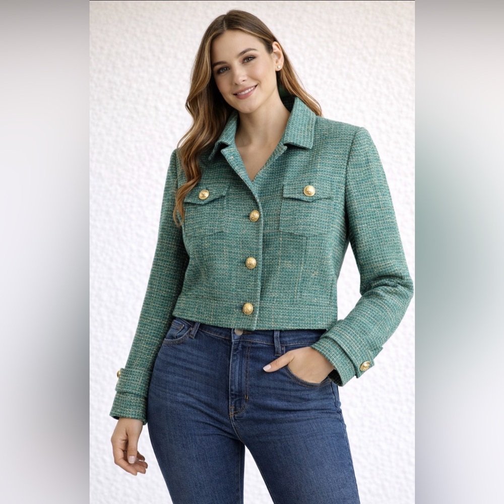 Ortttu Green Tweed Blazer Jacket Gold Button Cropped Women’s Small